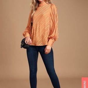 Peach Striped Mock Neck Long Sleeve Open Back Top